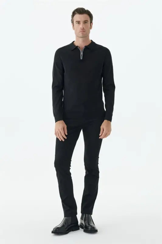 Siyah Slim Fit Yünlü Fermuarlu Polo Yaka Triko - 2