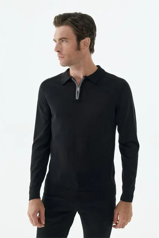Siyah Slim Fit Yünlü Fermuarlu Polo Yaka Triko - 3
