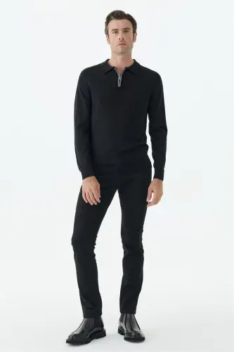 Siyah Slim Fit Yünlü Fermuarlu Polo Yaka Triko - 4