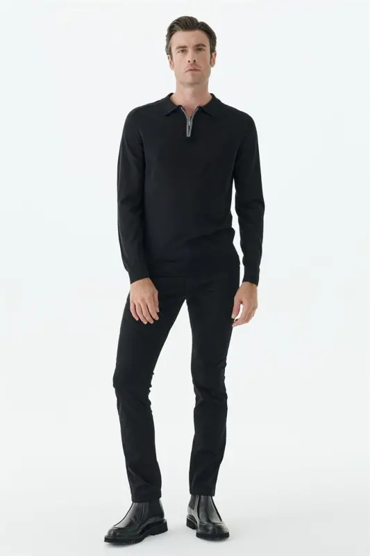 Siyah Slim Fit Yünlü Fermuarlu Polo Yaka Triko - 4
