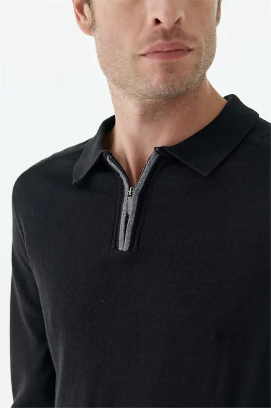 Siyah Slim Fit Yünlü Fermuarlu Polo Yaka Triko - 5