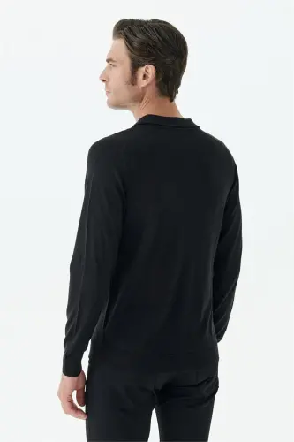 Siyah Slim Fit Yünlü Fermuarlu Polo Yaka Triko - 6