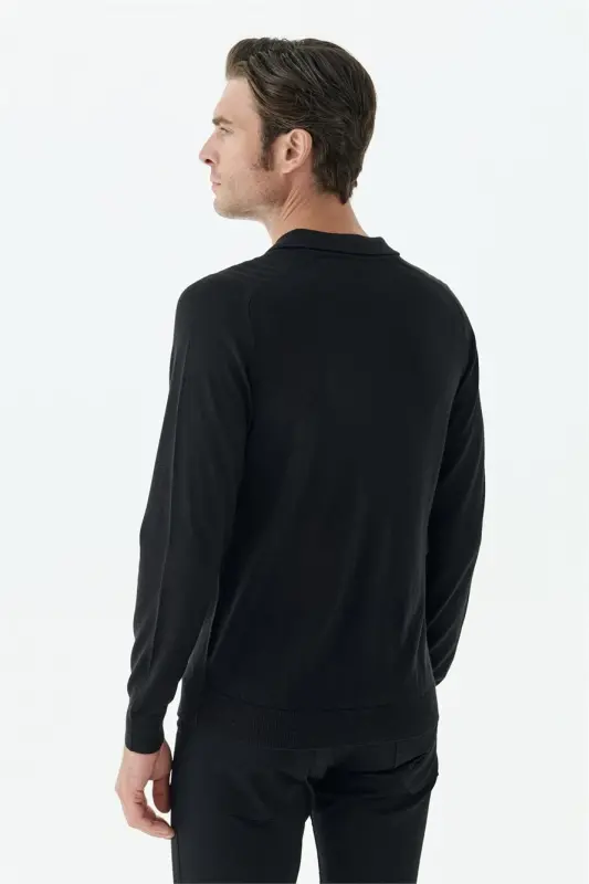 Siyah Slim Fit Yünlü Fermuarlu Polo Yaka Triko - 6