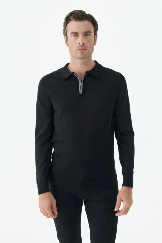 Siyah Slim Fit Yünlü Fermuarlu Polo Yaka Triko - JAKAMEN