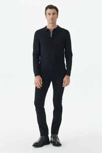 Siyah Slim Fit Yünlü Fermuarlu Polo Yaka Triko - JAKAMEN (1)