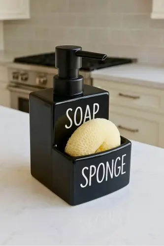 Siyah Soap and Sponge Porselen Sıvı Sabunluk ve Süngerlik - Siyah Tekli - 1