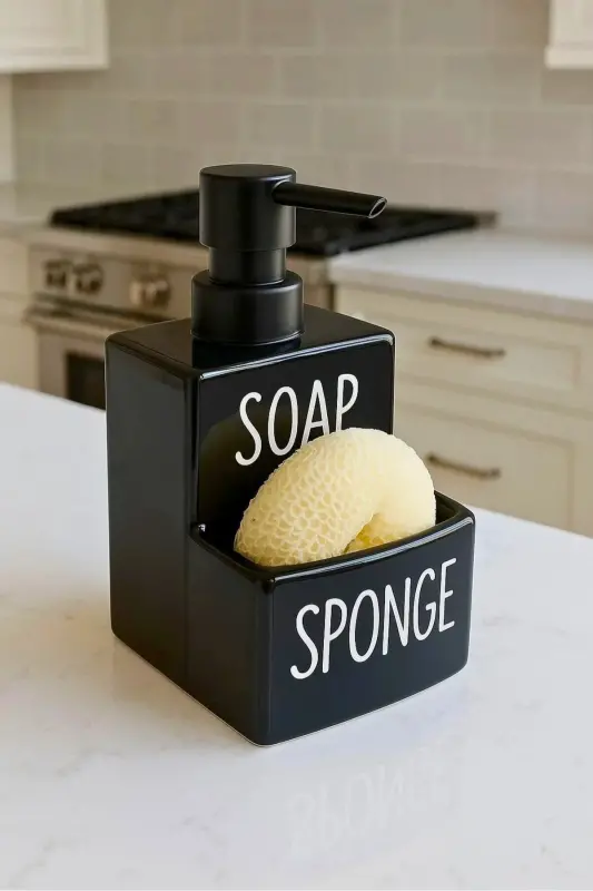Siyah Soap and Sponge Porselen Sıvı Sabunluk ve Süngerlik - Siyah Tekli - 1