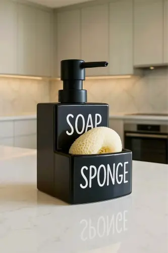 Siyah Soap and Sponge Porselen Sıvı Sabunluk ve Süngerlik - Siyah Tekli - WOODCEPT. (1)