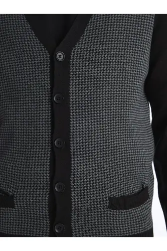 Siyah Standart Kalıp V Yaka Erkek Triko Hırka-Siyah - 3