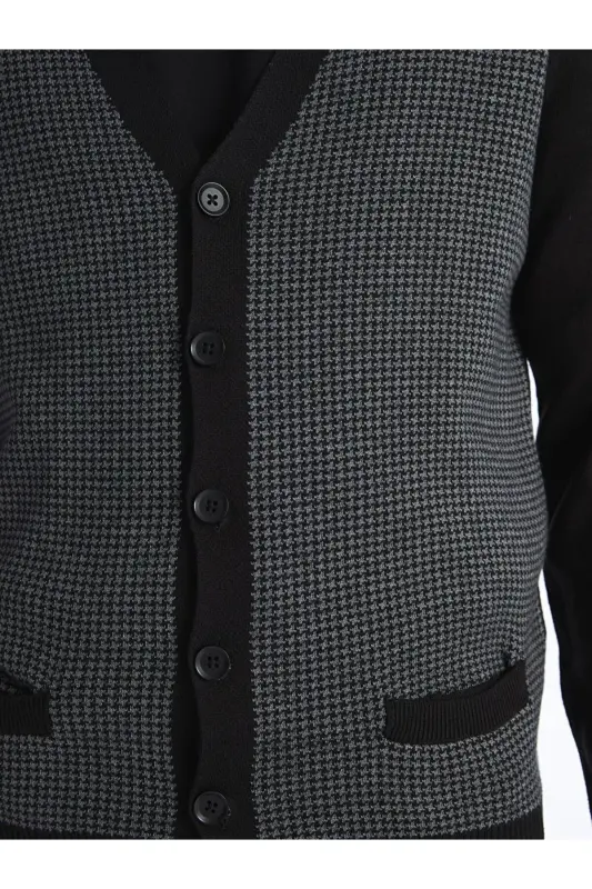 Siyah Standart Kalıp V Yaka Erkek Triko Hırka-Siyah - 3