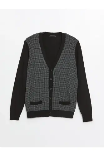 Siyah Standart Kalıp V Yaka Erkek Triko Hırka-Siyah - 5