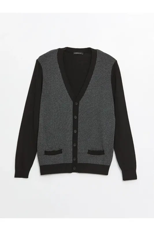 Siyah Standart Kalıp V Yaka Erkek Triko Hırka-Siyah - 5