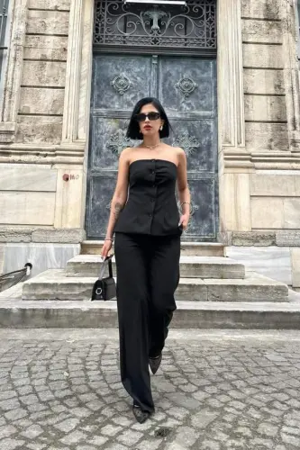 Siyah Straplez Düğmeli Crop Ve Pantolon Takım - 1