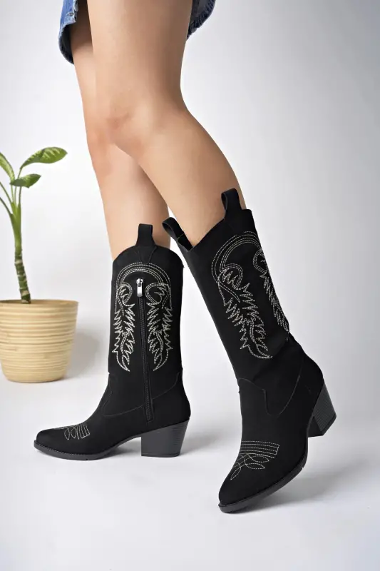 Siyah Süet Nakışlı Yeni Sezon Kadın Kovboy Çizme - Siyah Süet - BAKAC STORE