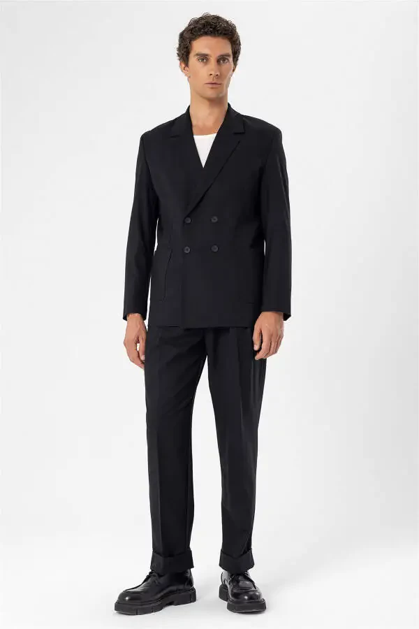 Siyah Torba Cepli Kruvaze Erkek Blazer Ceket-Siyah - 12