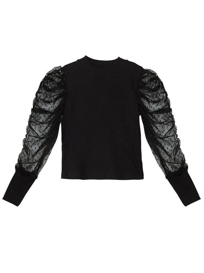 Siyah Tüllü Kız Çocuk Boğazlı Bluz Etek Takım-Siyah - 5