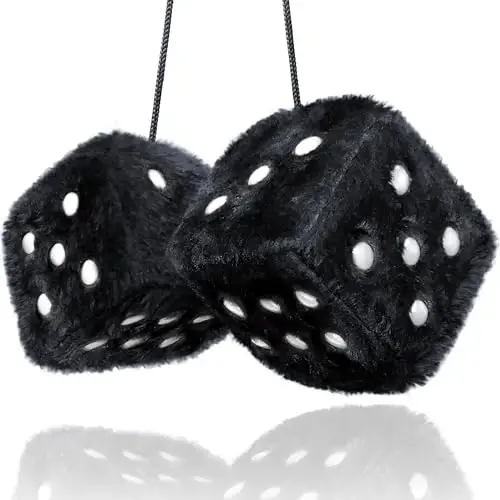 Black Fuzzy Dice Car Accessories - Plush Cute Car Accessories for Interior - Plush Rear View Mirror Hanging Ornament Decorations - Retro Y2K McBling 2000s Aesthetic Girly Decor - Black and White 