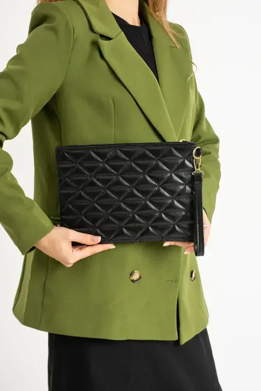 Siyah Üçgen Desenli Portföy Clutch Çanta-Siyah - DEFNELLA