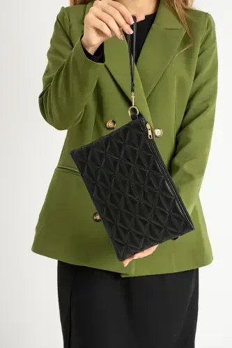 Siyah Üçgen Desenli Portföy Clutch Çanta-Siyah - 2