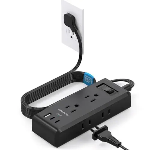 Black Extension Cord 15 Ft, HANYCONY Long Cord Ultra-Thin Flat Plug Power Strip with 6 Outlets and 3 USB Ports (2 USB C), Wall Mount for College Dorm Room Home Office Desk Essentials - HANYCONY