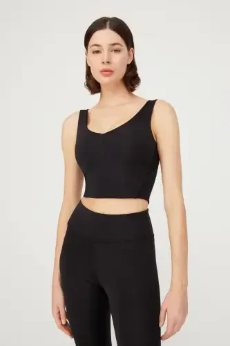 Siyah V Yaka Hafif Destekli Kaplı Spor Sütyeni-Siyah - 1