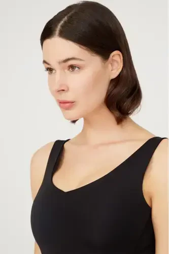 Siyah V Yaka Hafif Destekli Kaplı Spor Sütyeni-Siyah - 3