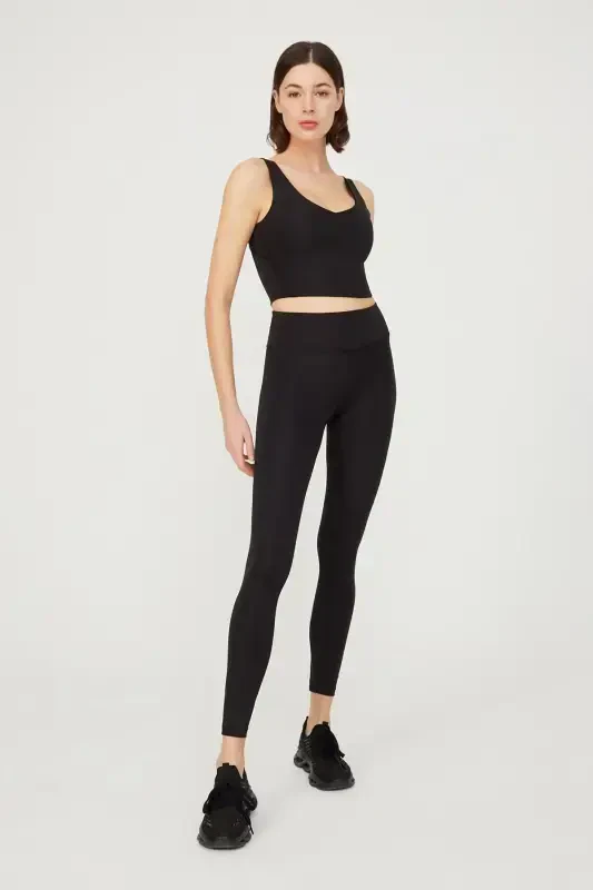 Siyah V Yaka Hafif Destekli Kaplı Spor Sütyeni-Siyah - 4