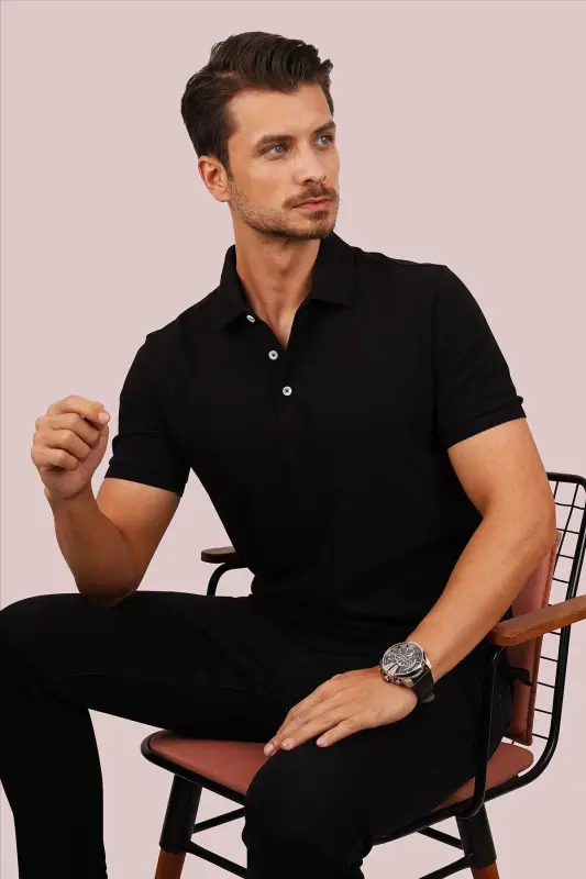 Siyah Yaka Desenli Erkek Polo Yaka Tişört-Siyah - 2