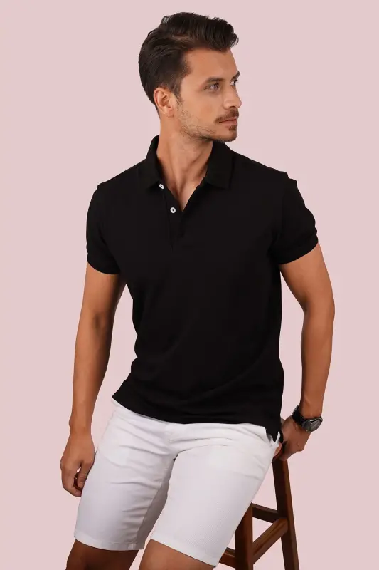 Siyah Yaka Desenli Erkek Polo Yaka Tişört-Siyah - 3