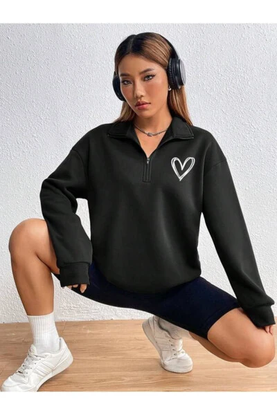 siyah yarım fermwarlı kalp baskılı dik yaka kazak - TRENDGAR (1)