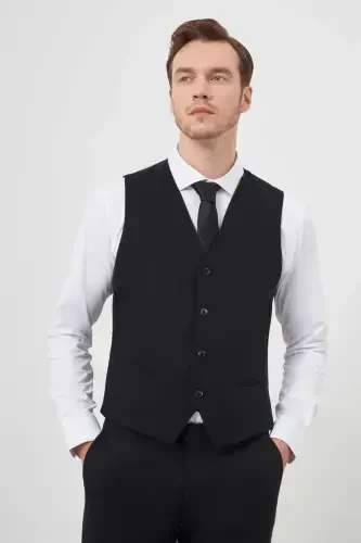 Siyah Yelekli Basic Düz Slim Fit Dar Kesim 6 Drop Erkek Takım Elbise - 6