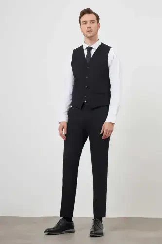 Siyah Yelekli Basic Düz Slim Fit Dar Kesim 6 Drop Erkek Takım Elbise - 7