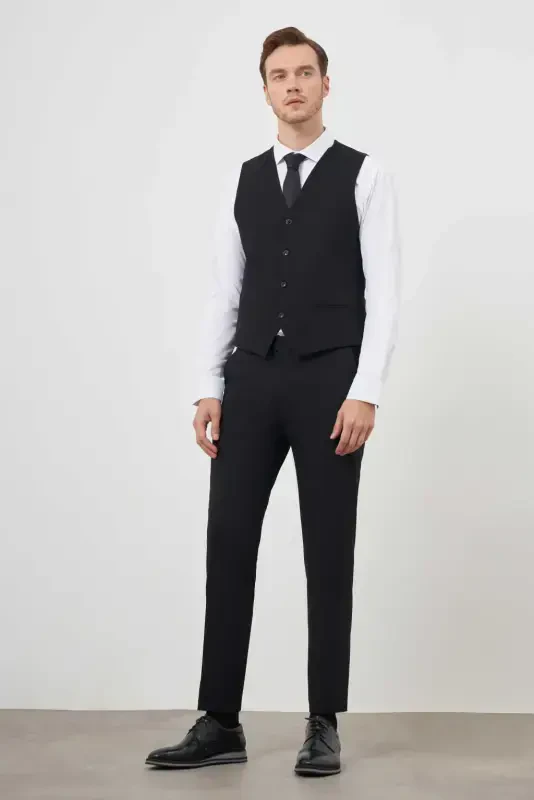 Siyah Yelekli Basic Düz Slim Fit Dar Kesim 6 Drop Erkek Takım Elbise - 7