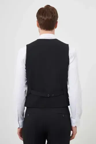 Siyah Yelekli Basic Düz Slim Fit Dar Kesim 6 Drop Erkek Takım Elbise - 8