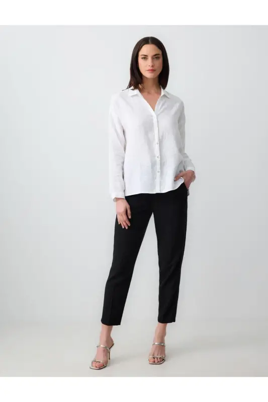 Siyah Yüksek Bel Beli Lastikli Keten Karışımlı Pantolon-Siyah - 1