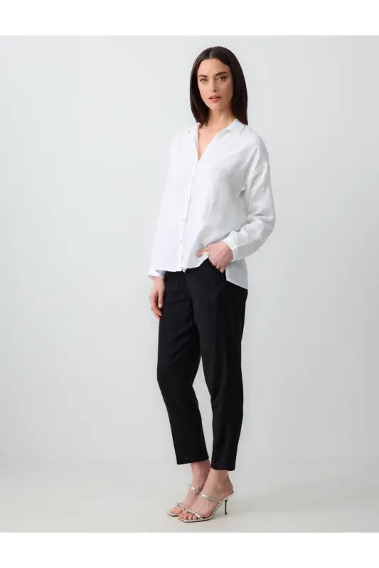 Siyah Yüksek Bel Beli Lastikli Keten Karışımlı Pantolon-Siyah - 2