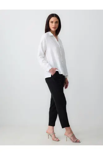 Siyah Yüksek Bel Beli Lastikli Keten Karışımlı Pantolon-Siyah - 3