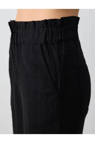 Siyah Yüksek Bel Beli Lastikli Keten Karışımlı Pantolon-Siyah - 5