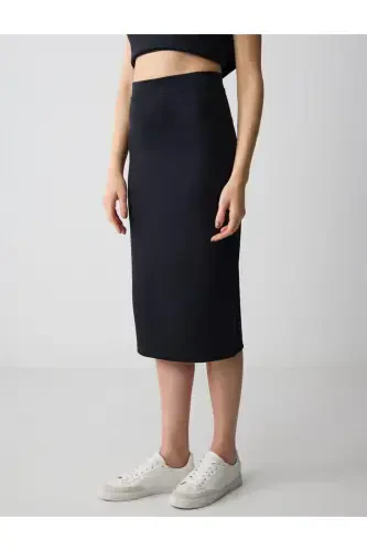 Siyah Yüksek Bel Dar Kesim Örme Modal Midi Etek - 4