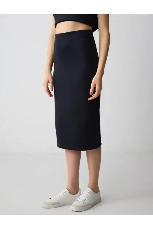 Siyah Yüksek Bel Dar Kesim Örme Modal Midi Etek - 4