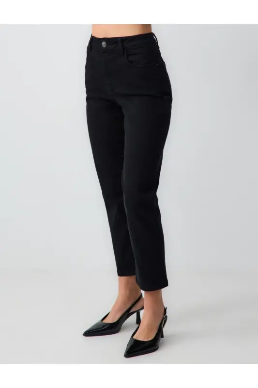 Siyah Yüksek Bel Normal Paça Denim Pantolon - Siyah - 4