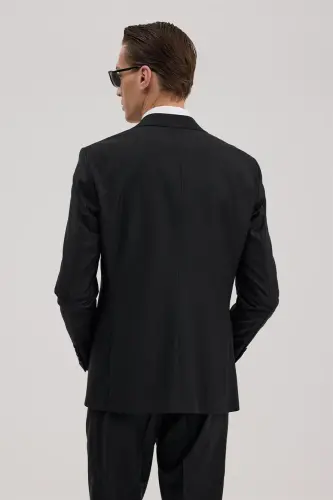 Siyah Yünlü Slim Fit Sivri Yaka Takım Elbise - 4