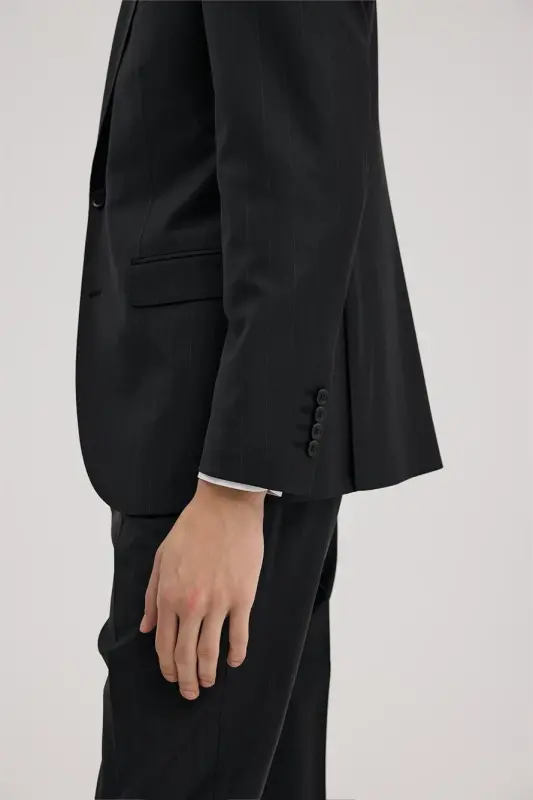 Siyah Yünlü Slim Fit Sivri Yaka Takım Elbise - 5