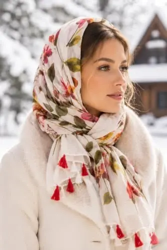 SIZNING TABASSUMINGIZ Ayollar uchun katta Boho sharf Yengil gul naqshli sharflar Kuzgi qishki moda ponponli ro'mol o'ralgan - 3