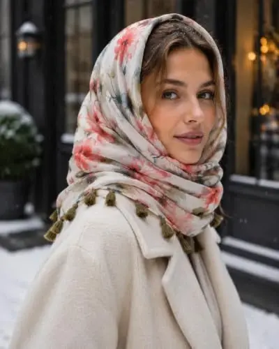 SIZNING TABASSUMINGIZ Ayollar uchun katta Boho sharf Yengil vaznli gul bosilgan sharflar Kuzgi qishki moda chetli ro'mol o'rash - 3