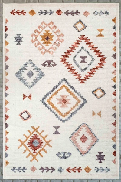 Skandinaviya naqshli yuvish mumkin bo'lgan sirpanmas tabanli Shenil krem sariq qizil oshxona gilami 4023 - 5