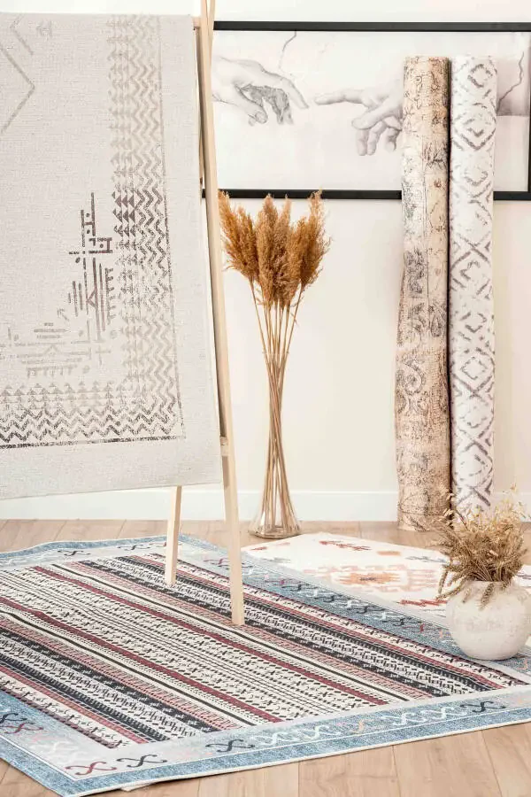 Skandinaviya naqshli yuvish mumkin bo'lgan sirpanmas tabanli Shenil krem sariq qizil oshxona gilami 4023 - 7