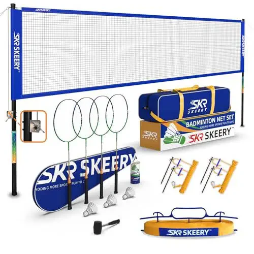 SKEERY Professional Badminton Set with Winch System, Portable Badminton Net includes Carbon Aluminum Badminton Rackets Set of 4, 3 Shuttlecocks and Carrying Bag, Badminton Sets for Backyards, Beach - 1