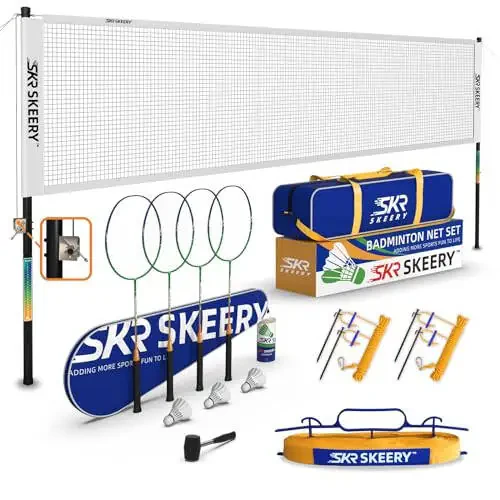 SKEERY Professional Badminton to'plami vintli tizim bilan, Ko'chma badminton to'ri karbon alyuminiy badminton raketkalari to'plami 4 dona, 3 sho'x va tashish sumkasi, Orqa hovlilar, plyajlar uchun Badminton to'plamlari - 1