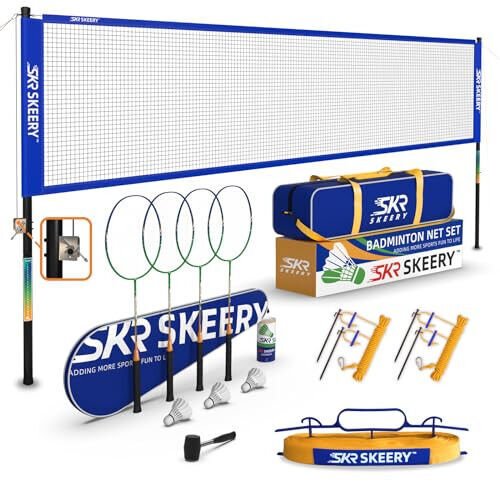 SKEERY Professional Badminton Set with Winch System,Portable Badminton Net includes Carbon Aluminum Badminton Rackets Set of 4,3 Shuttlecocks and Carrying Bag,Badminton Sets for Backyards,Beach - 1